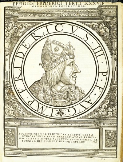 Fridericus III, Illustration aus Imperatorum romanorum omnium orientalium et occidentalium verissimae imagines ex antiquis numismatis, Holzschnitt von Rudolph Wyssenbach, gedruckt von Andreas Gesner, Zürich von Hans Rudolf Manuel Deutsch